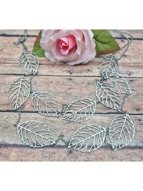 Charming Charlie Necklace Silver Tone Boho Double Layer Open Work Leaf Design Na